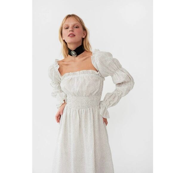 SOLD SOLD SOLD leeper Michelin Linen Swiss Dot Long Sleeve Midi Dress White - Picture 3 of 8